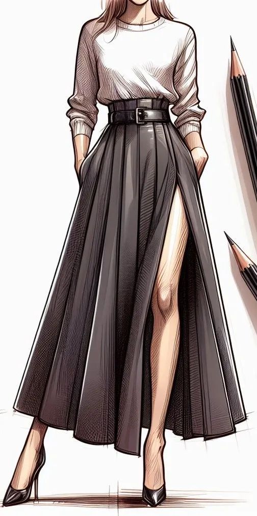 A fashionable illustration of a woman wearing a white sweater and a long, black skirt with a thigh-high slit, complemented by high heels.