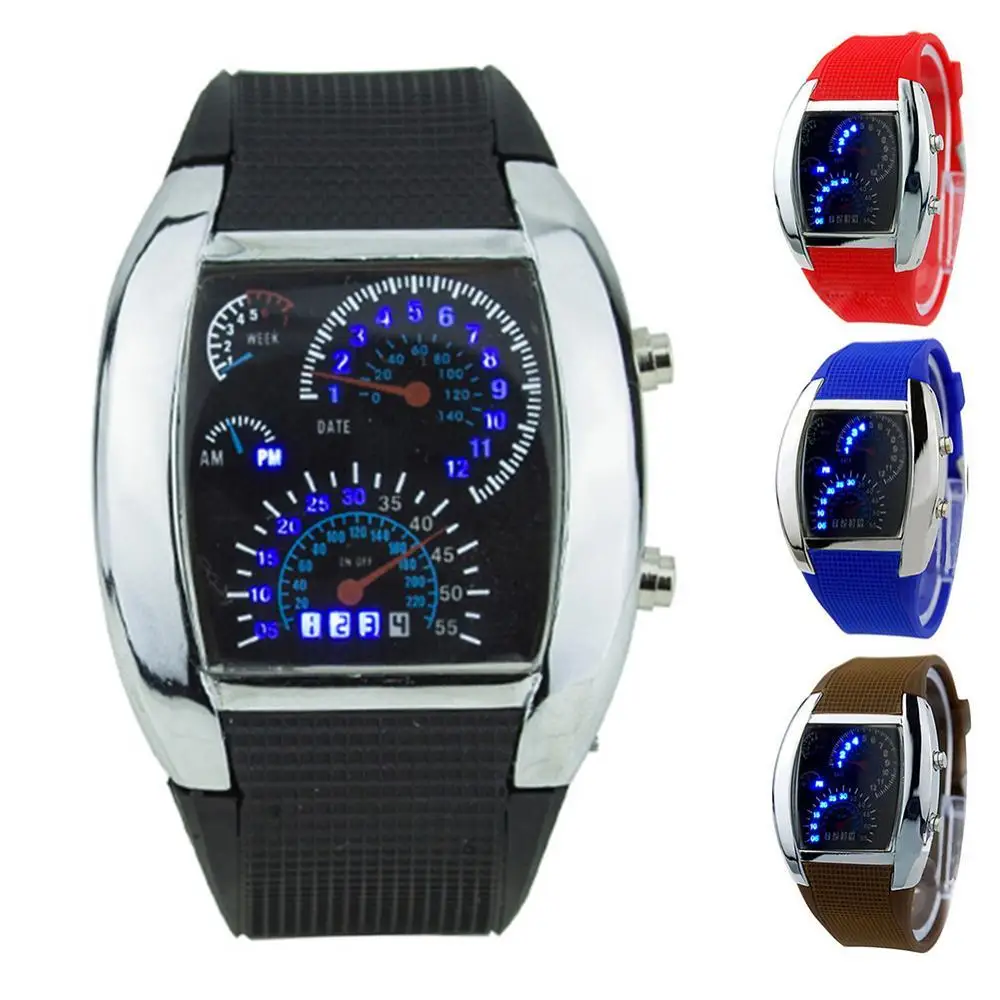 HOT SALES!!!New Arrival Cool Rubber Band RPM Speedometer Car Turbo Style Digital LED Wrist Watch Gift