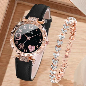 2/4/6PCS Fashion Rhinestone Women Watches Heart Dial Quartz Watch Casual Leather Band Wristwatches Bracelet Set(Without Box)