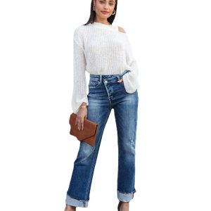 High Waist Button Splicing Straight Jeans Women Fashion Urban Casual Commuter Denim Pants Ladies Broken Holes Trousers Washable