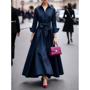 Solid color lace up POLO collar dress jacket long skirt coat