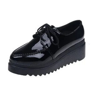 Women Oxford Shoes Lace Up Platform Shoes Black Patent Leather Casual Shoes Thick Sole Shoes Ladies Wedges