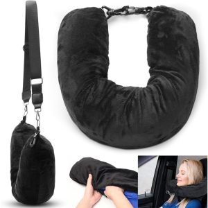 Airplane Travel Sleeping Pillow - U-Shaped Velvet Pillowcase, Fillable Design with Storage Pouch