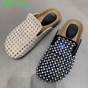 Mules Slippers Women New In 2023 Fashion Casual Summer Slides Rhinestones Female Shoes Ladies Outside Round Toe Flats