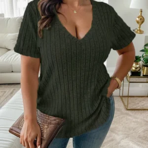 European and American Cross Border Plus Size Women's V Neck Striped Tops T Shirts