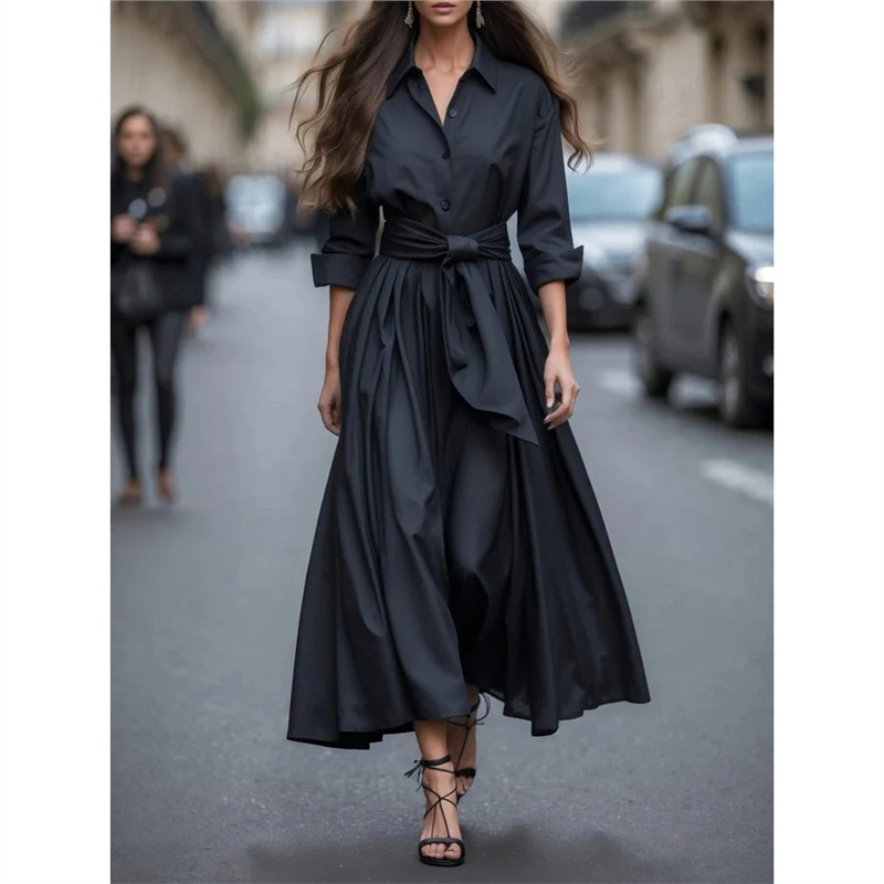 Solid color lace up POLO collar dress jacket long skirt coat - Image 2