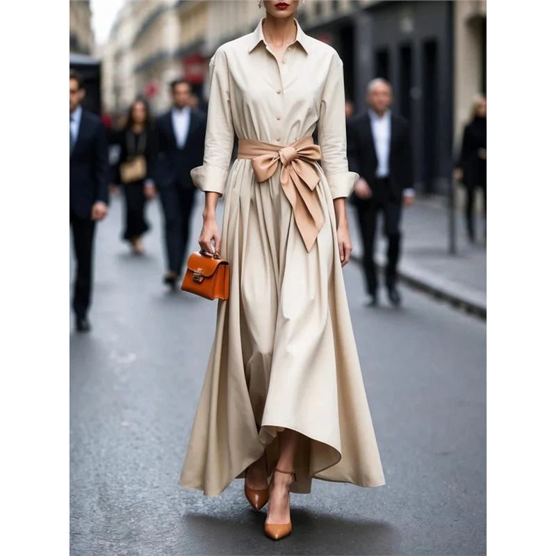 Solid color lace up POLO collar dress jacket long skirt coat - Image 3