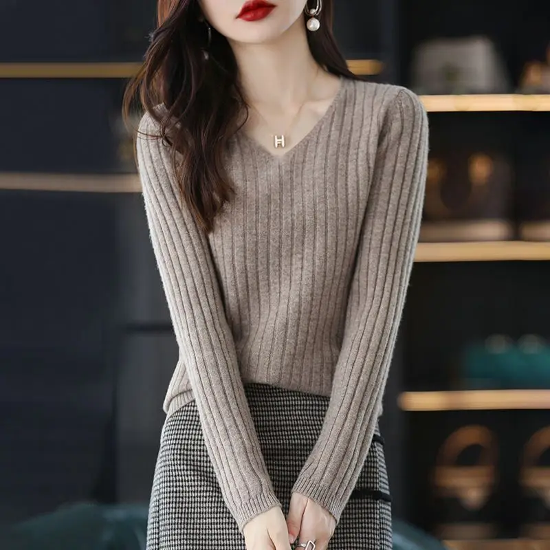 Women Sweater Long Sleeve Top Knitted Pullover V-Neck Fashion Sweater Woman Winter 2022 Basic Female Clothing Soild OL Sweaters - Image 2