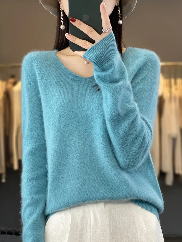 Fashion100% Merino Wool Sweater Cashmere Pullover Women Knitwear V-Neck Long Sleeve Autumn Winter Fashion Basic Clothing Tops - Image 7