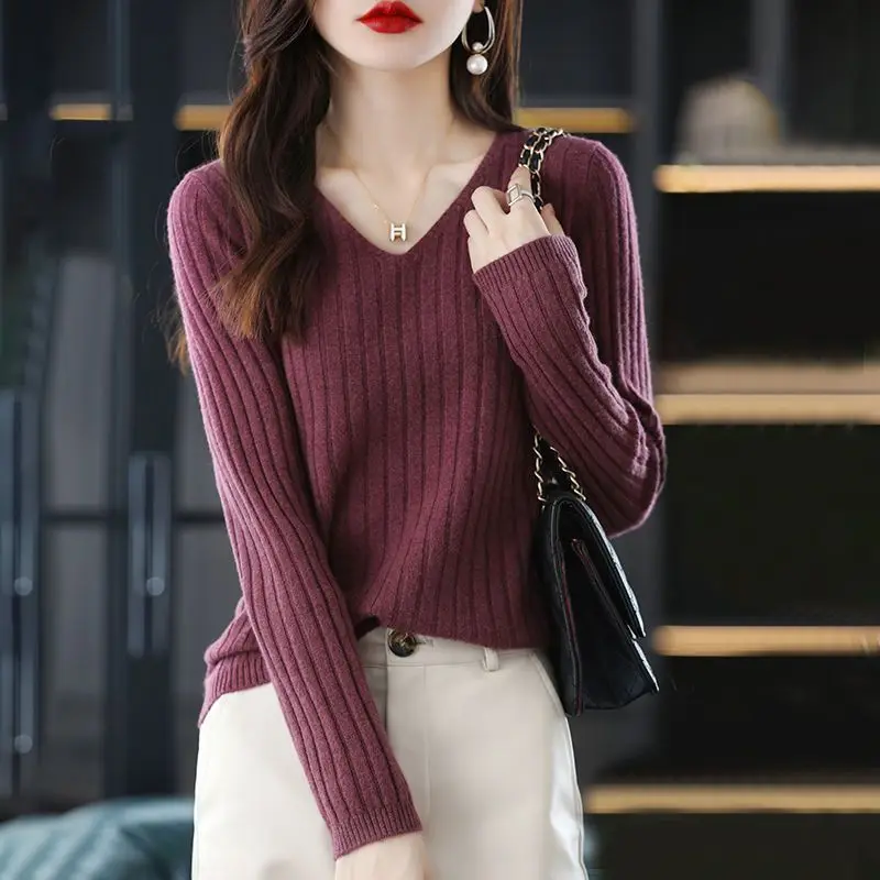 Women Sweater Long Sleeve Top Knitted Pullover V-Neck Fashion Sweater Woman Winter 2022 Basic Female Clothing Soild OL Sweaters - Image 7