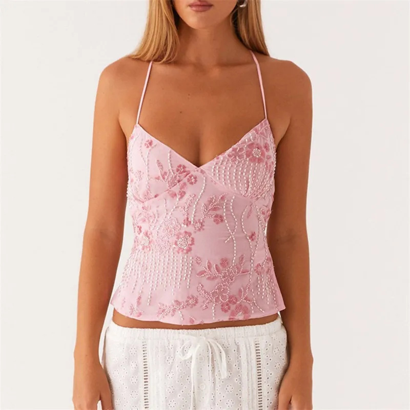 Summer Women Y2k Sequin Halter Crop Tops Pearl Embellished Cami Tops Summer Glitter V Neck Rhinestone Camisole Tank Shirt - Image 6