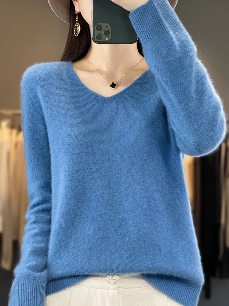 Fashion100% Merino Wool Sweater Cashmere Pullover Women Knitwear V-Neck Long Sleeve Autumn Winter Fashion Basic Clothing Tops - Image 9