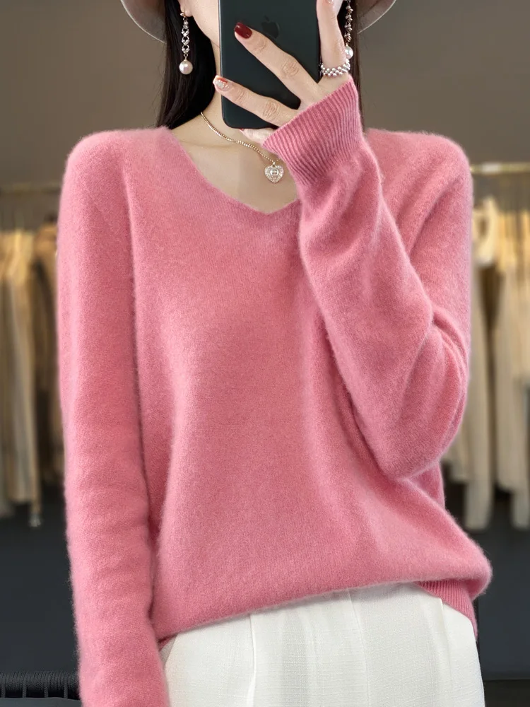 Fashion100% Merino Wool Sweater Cashmere Pullover Women Knitwear V-Neck Long Sleeve Autumn Winter Fashion Basic Clothing Tops - Image 10