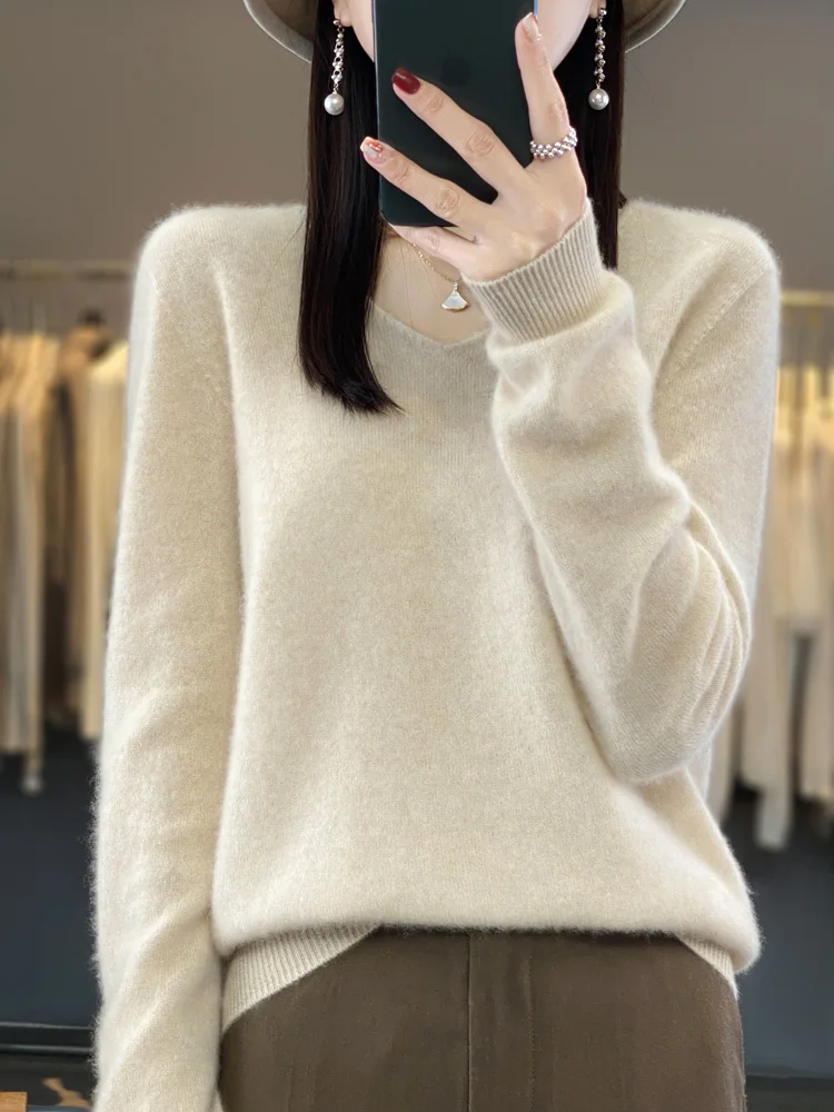 Fashion100% Merino Wool Sweater Cashmere Pullover Women Knitwear V-Neck Long Sleeve Autumn Winter Fashion Basic Clothing Tops - Image 18