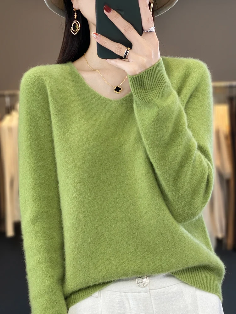 Fashion100% Merino Wool Sweater Cashmere Pullover Women Knitwear V-Neck Long Sleeve Autumn Winter Fashion Basic Clothing Tops - Image 2