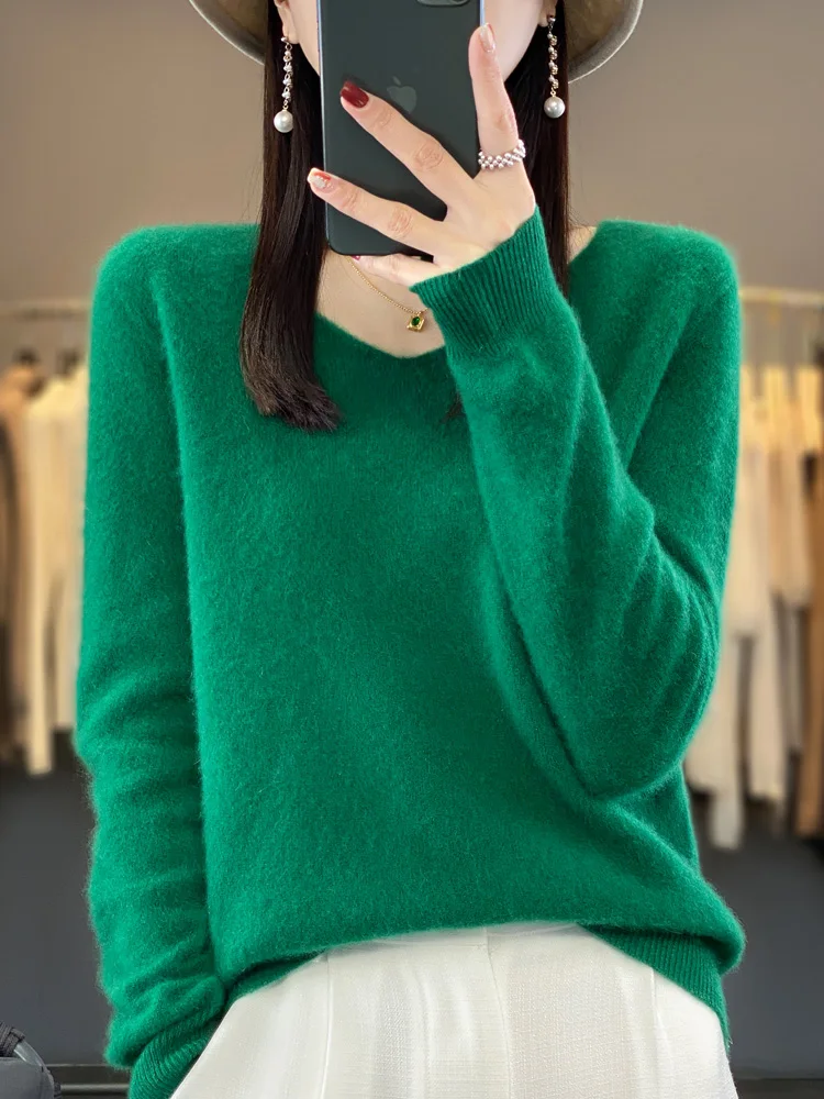 Fashion100% Merino Wool Sweater Cashmere Pullover Women Knitwear V-Neck Long Sleeve Autumn Winter Fashion Basic Clothing Tops - Image 15
