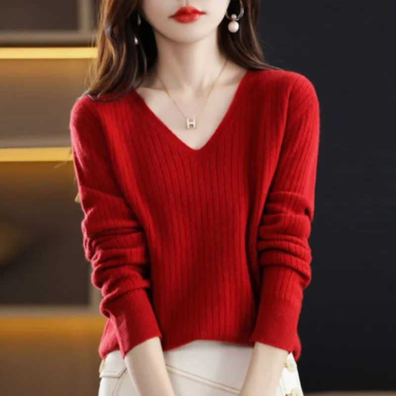 Women Sweater Long Sleeve Top Knitted Pullover V-Neck Fashion Sweater Woman Winter 2022 Basic Female Clothing Soild OL Sweaters - Image 15