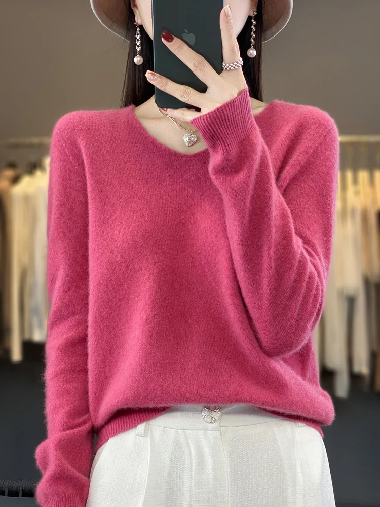 Fashion100% Merino Wool Sweater Cashmere Pullover Women Knitwear V-Neck Long Sleeve Autumn Winter Fashion Basic Clothing Tops - Image 17