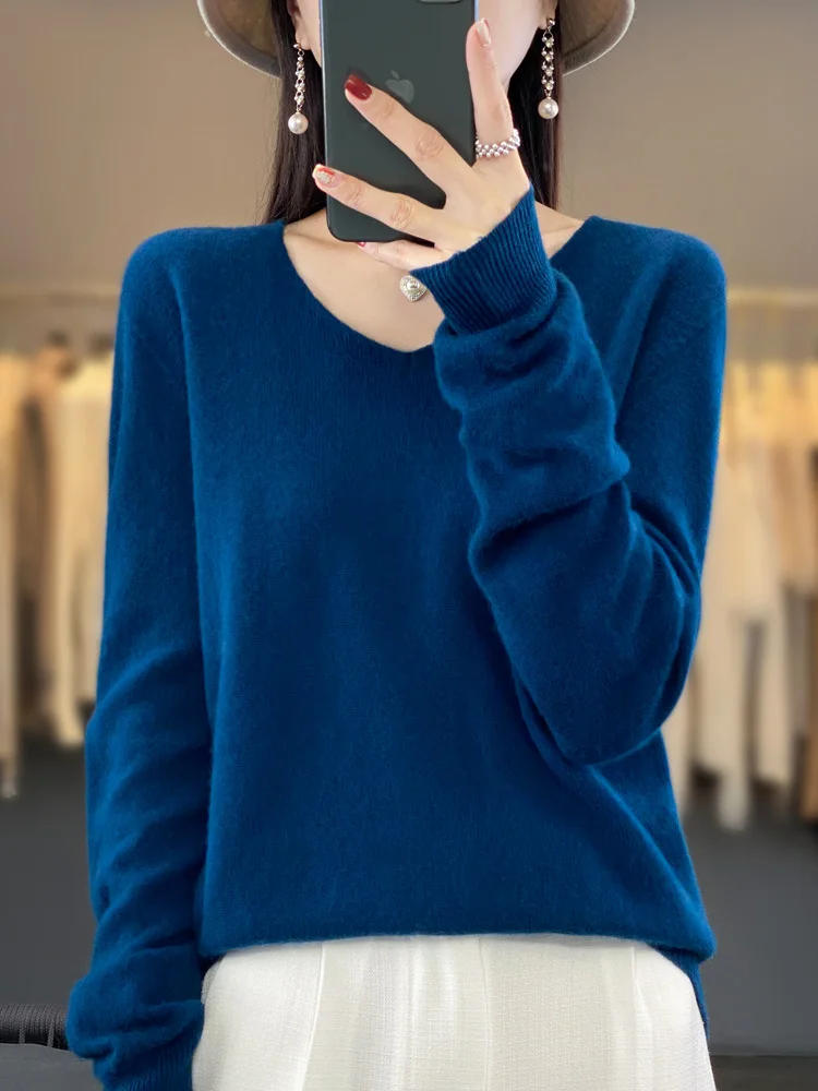 Fashion100% Merino Wool Sweater Cashmere Pullover Women Knitwear V-Neck Long Sleeve Autumn Winter Fashion Basic Clothing Tops - Image 12