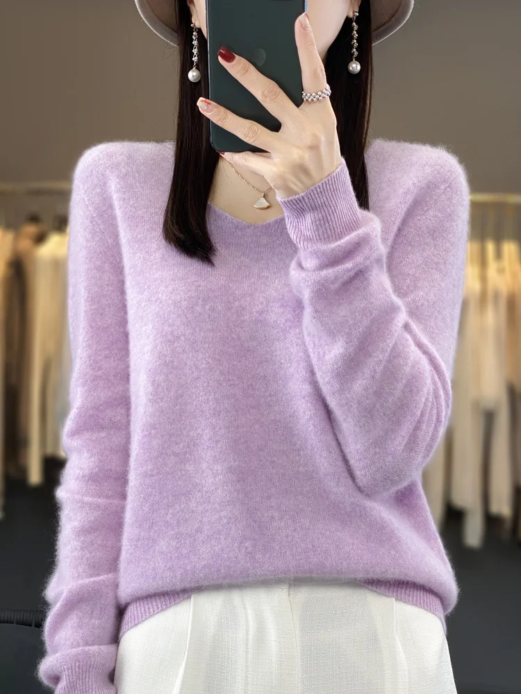 Fashion100% Merino Wool Sweater Cashmere Pullover Women Knitwear V-Neck Long Sleeve Autumn Winter Fashion Basic Clothing Tops - Image 21