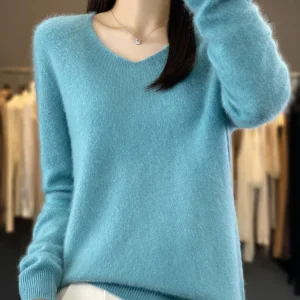 Fashion100% Merino Wool Sweater Cashmere  Pullover Women Knitwear V-Neck Long Sleeve  Autumn Winter Fashion Basic Clothing  Tops