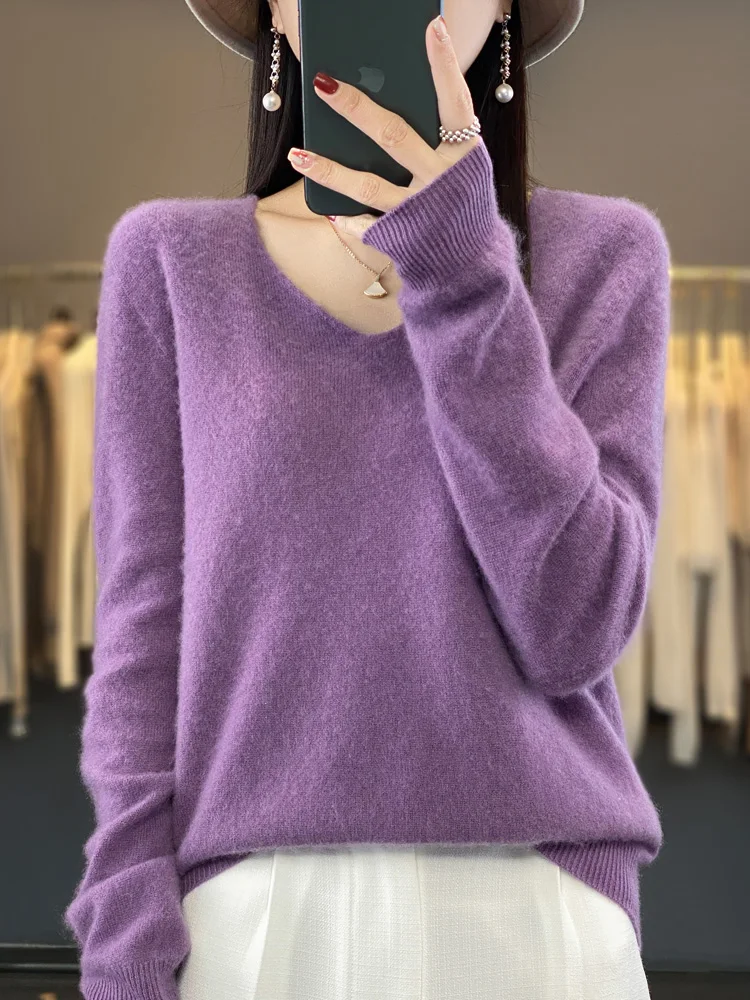 Fashion100% Merino Wool Sweater Cashmere Pullover Women Knitwear V-Neck Long Sleeve Autumn Winter Fashion Basic Clothing Tops - Image 8