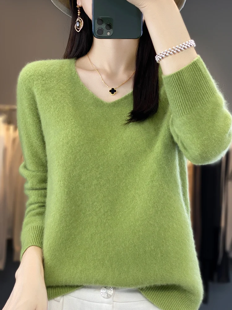 Fashion100% Merino Wool Sweater Cashmere Pullover Women Knitwear V-Neck Long Sleeve Autumn Winter Fashion Basic Clothing Tops - Image 16