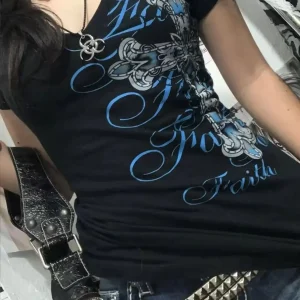 Rock Gothic Streetwear Letter Cross Graphic T shirts Gyaru 2000s Clothes Harajuku Top Women V-neck Tees Sweet Y2k Vintage tshirt