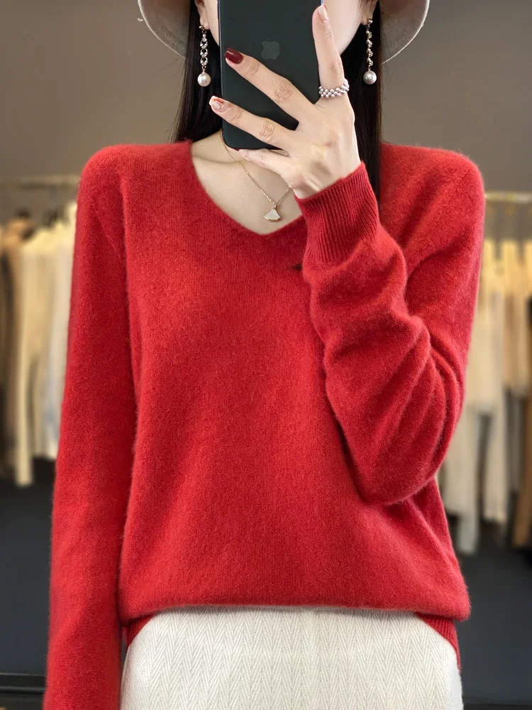Fashion100% Merino Wool Sweater Cashmere Pullover Women Knitwear V-Neck Long Sleeve Autumn Winter Fashion Basic Clothing Tops - Image 14