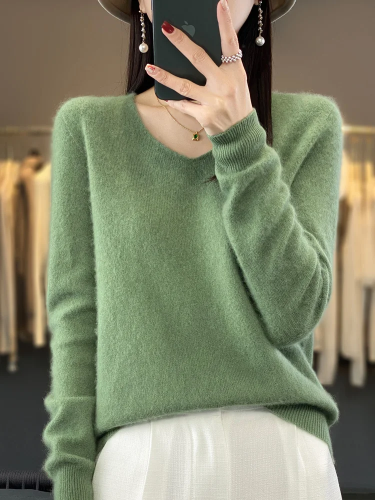 Fashion100% Merino Wool Sweater Cashmere Pullover Women Knitwear V-Neck Long Sleeve Autumn Winter Fashion Basic Clothing Tops - Image 19