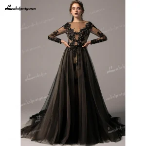Lakshmigown Dark Detachable Train Mermaid Gothic Wedding Dress Lace Applique Bridal Gown Long Sleeve Wedding Gown Customized
