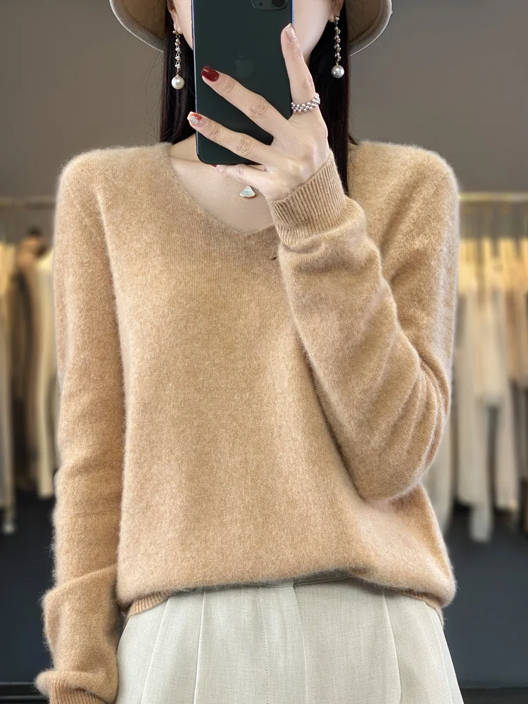 Fashion100% Merino Wool Sweater Cashmere Pullover Women Knitwear V-Neck Long Sleeve Autumn Winter Fashion Basic Clothing Tops - Image 13