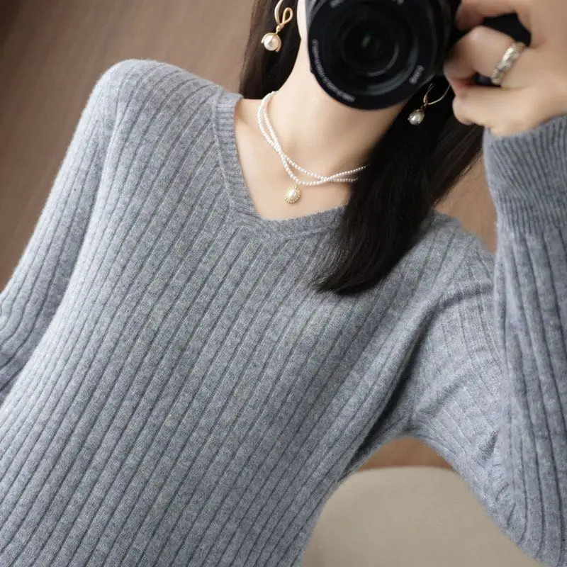 Women Sweater Long Sleeve Top Knitted Pullover V-Neck Fashion Sweater Woman Winter 2022 Basic Female Clothing Soild OL Sweaters - Image 9