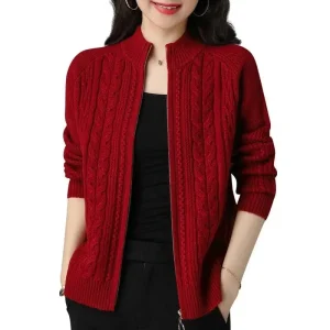 2025 Half High Collar Zipper Knitted Cardigan Jacket Women fall New korean Style  long Sleeve Cardigans Thicken Sweater Coat