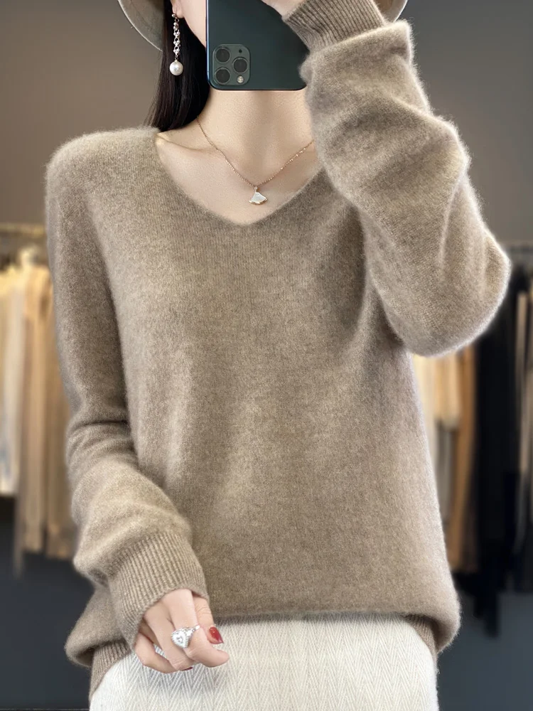 Fashion100% Merino Wool Sweater Cashmere Pullover Women Knitwear V-Neck Long Sleeve Autumn Winter Fashion Basic Clothing Tops - Image 20