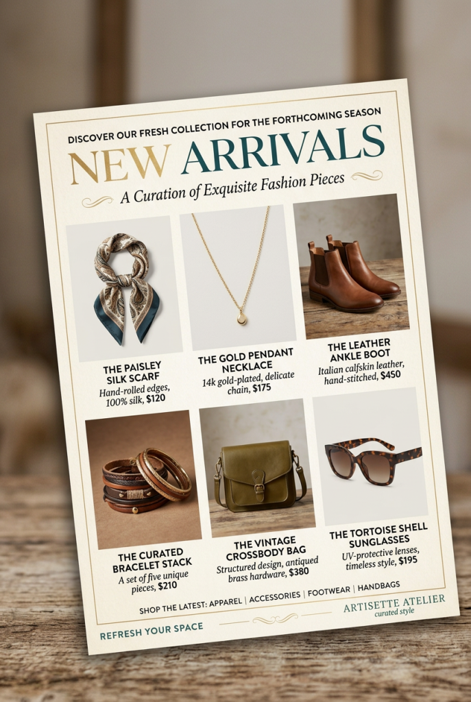 Flyer showcasing new home decor items including vase, art set, candle lantern, rug, pillow, bowl, mirror, candles, and clock